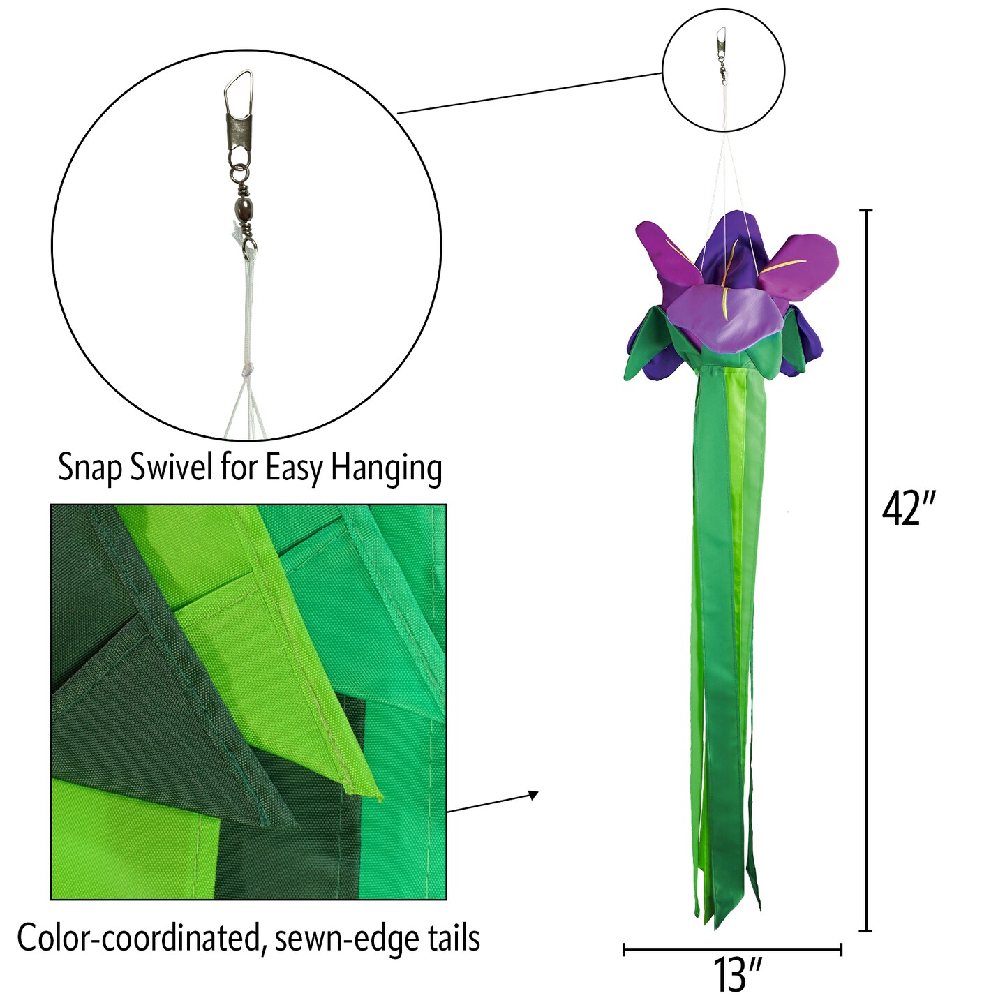 In the Breeze 5227 &#x2014; Iris Windtail &#x2014; Colorful 3D Purple Flower Windsock with Flowing Tails