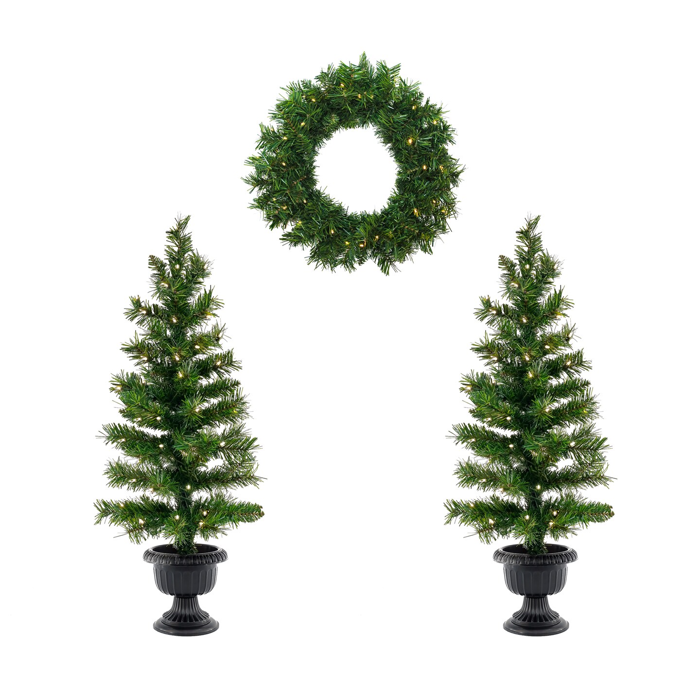 Warm Welcome Bundle-Includes Two 3 ft Entrance Trees each with Clear Lights and One 20&#x22; Wreath with Warm White Battery Operated LED Lights