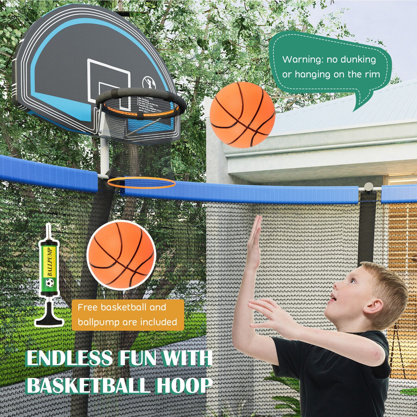 Recreational Trampoline with Basketball Hoop and Net Ladder