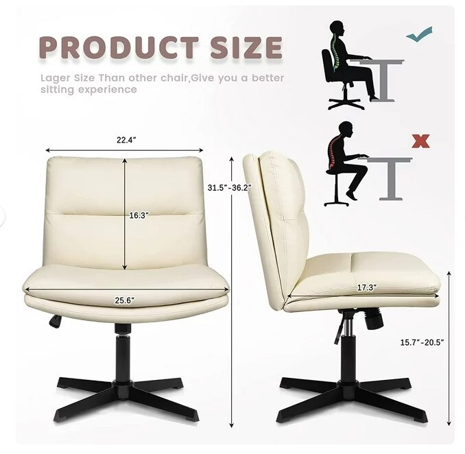 PU Leather Armless Desk Chair with No Wheels for Home Office, 120-Rocking Mid-Back Ergonomic Computer Task Chair for Makeup, Wide Padded Swivel Vanity Chair, and Small Space