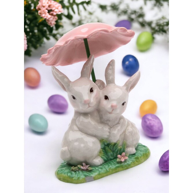kevinsgiftshoppe Ceramic Bunny Rabbits Sharing a Flower Umbrella Home Decor   Kitchen Decor Spring Decor Easter Decor