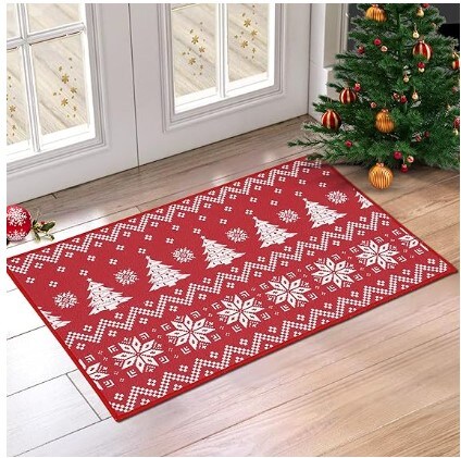 Non Slip Door Mat Decorative Outdoor Indoor Entrance Floor Mat Christmas Doormat Xmas Holiday Boho Style Christmas Tree and Snowflake Welcome Mat for Home Decoration