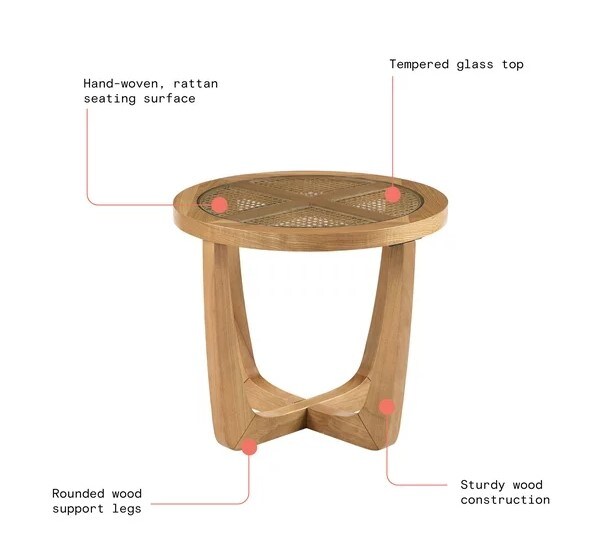Drew Barrymore Rattan & Glass Side Table with Solid Wood Frame, Warm Honey Finish