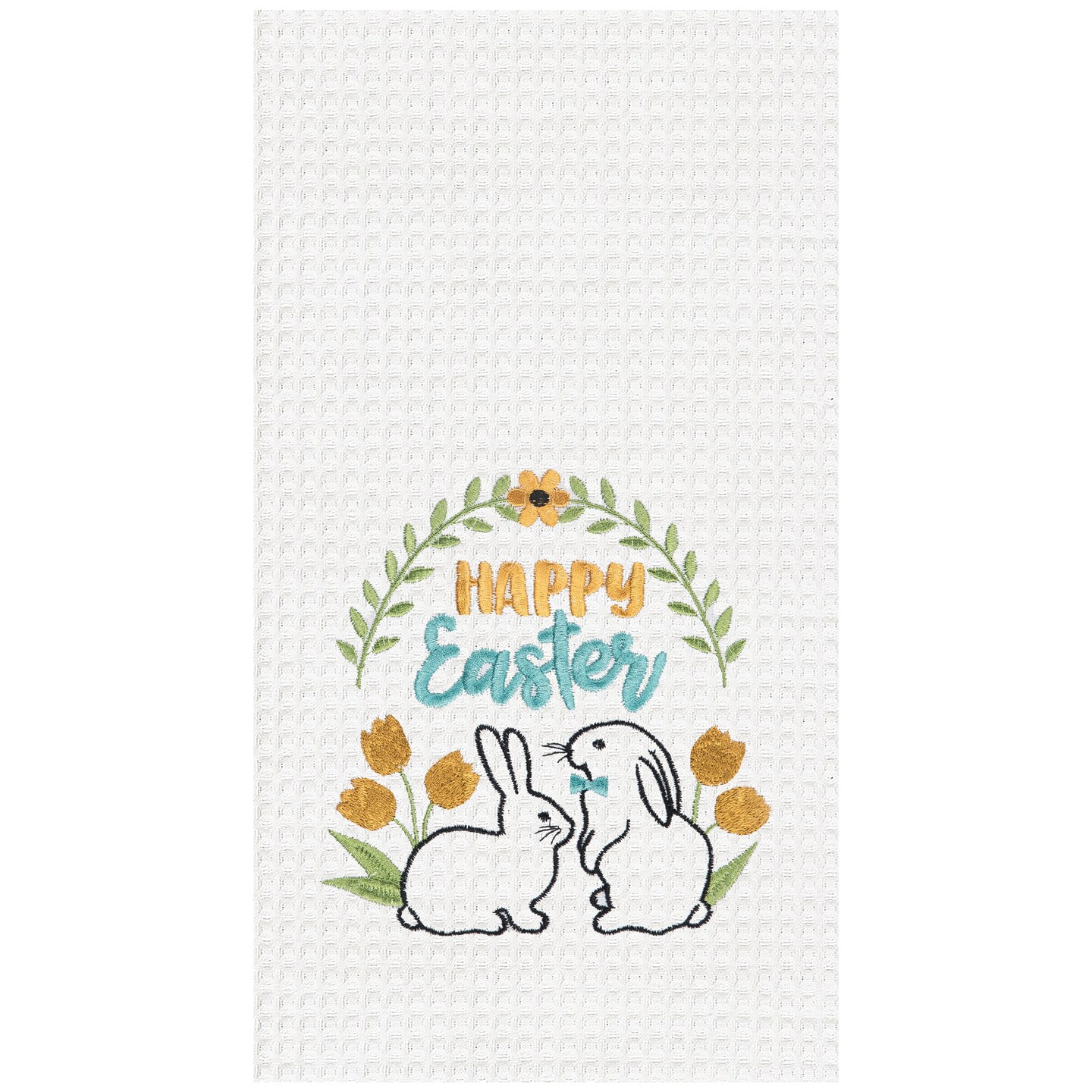 Happy Easter Bunnies Embroidered Cotton Waffle Weave Kitchen Towel