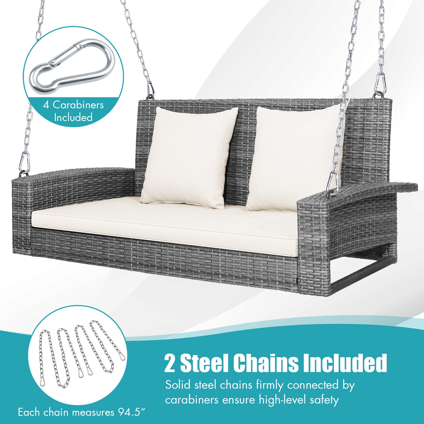 2-Person Patio PE Wicker Hanging Porch Swing Bench Chair with Cushion