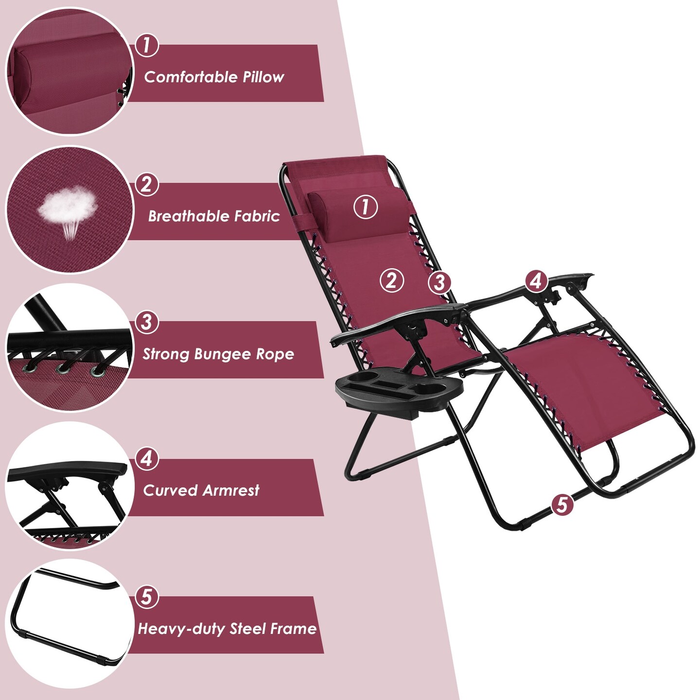 Outdoor Folding Zero Gravity Reclining Lounge Chair with Utility Tray