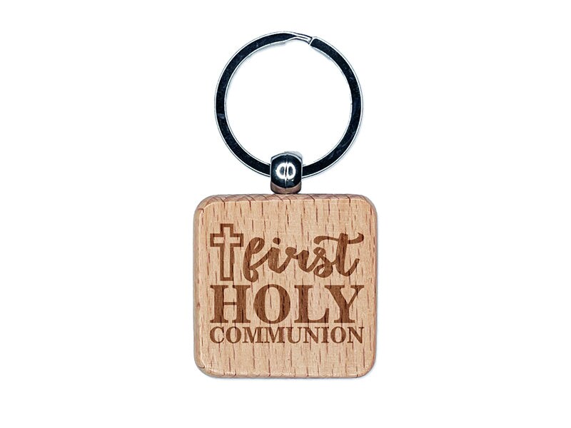 First Holy Communion with Cross Engraved Wood Square Keychain Tag Charm