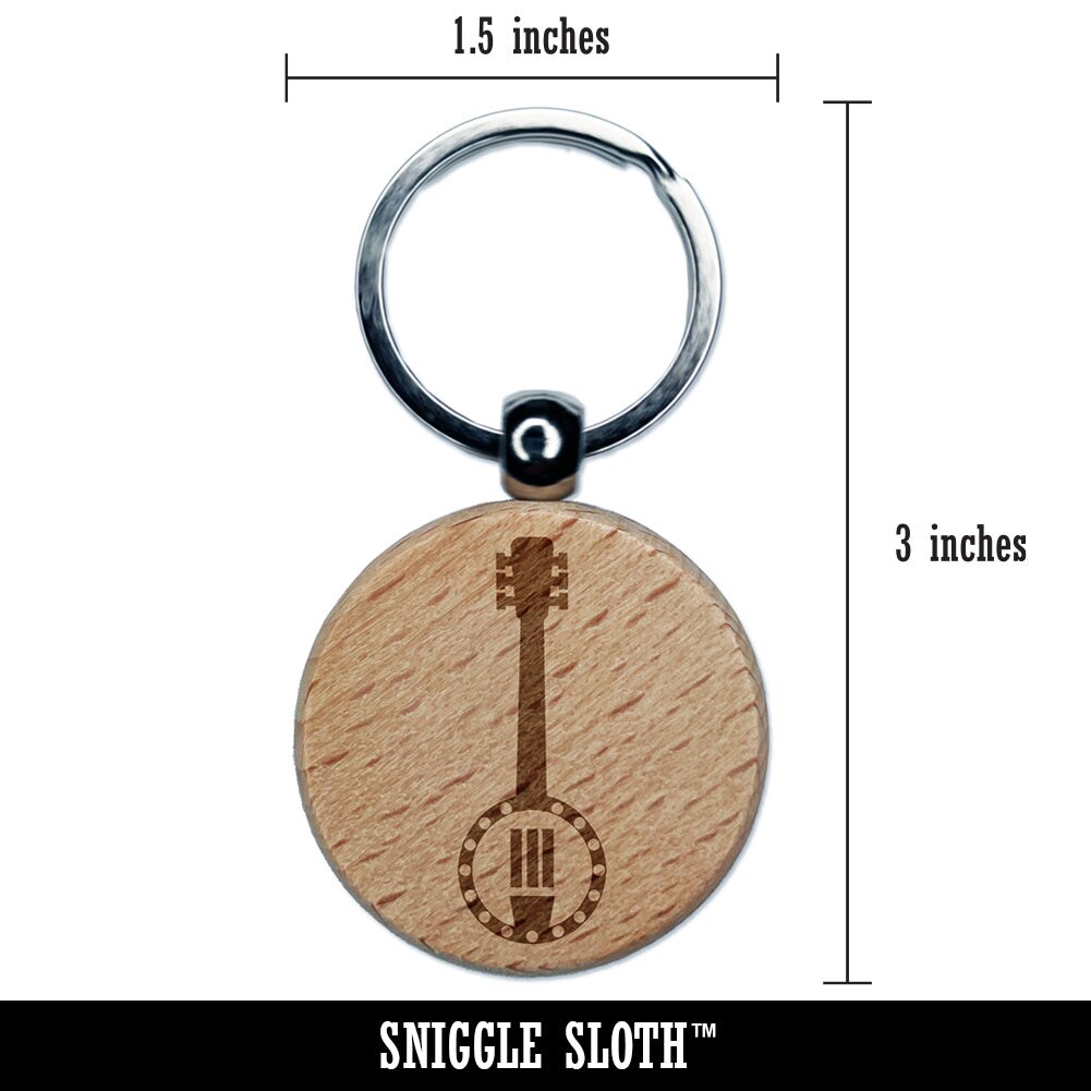 Banjo Music Engraved Wood Round Keychain Tag Charm