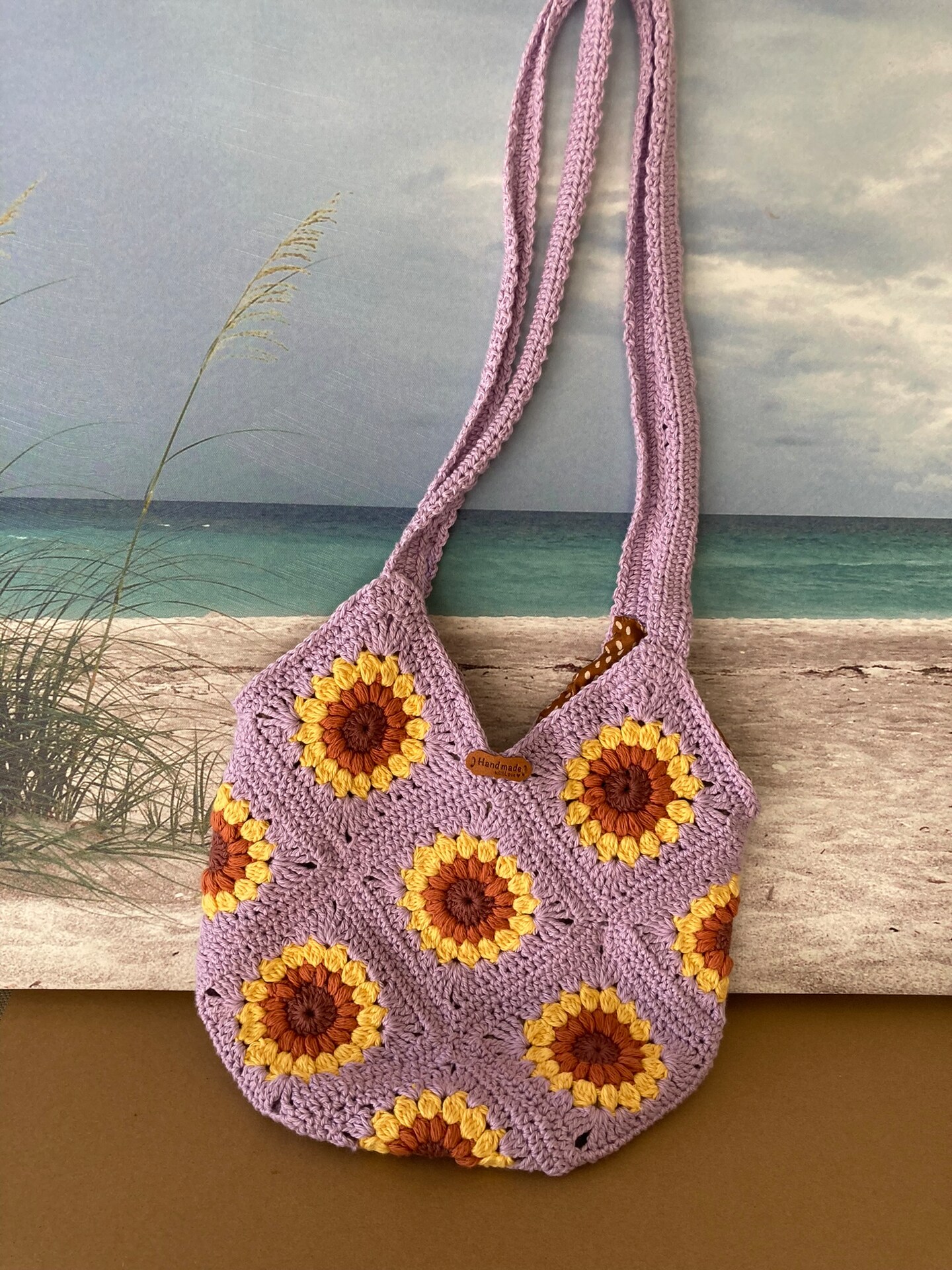 Purple crocheted silk cord handbag made in good Italy 60s