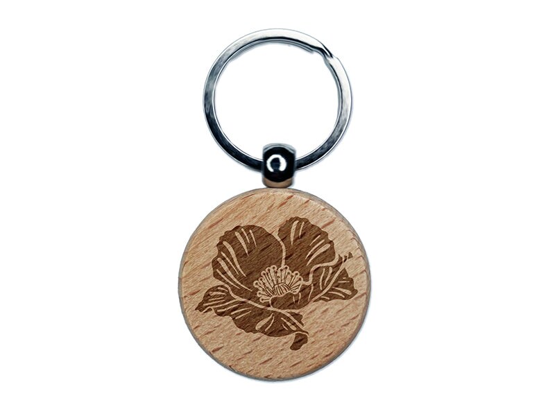 Pretty Poppy Flower Engraved Wood Round Keychain Tag Charm