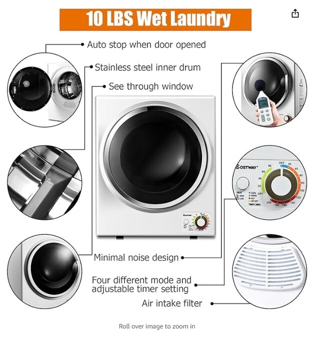 Compact Laundry Dryer, 110V Electric Portable Clothes Dryer with Stainless Steel Tub, Downside Control Panel for 4 Automatic Drying Mode, White