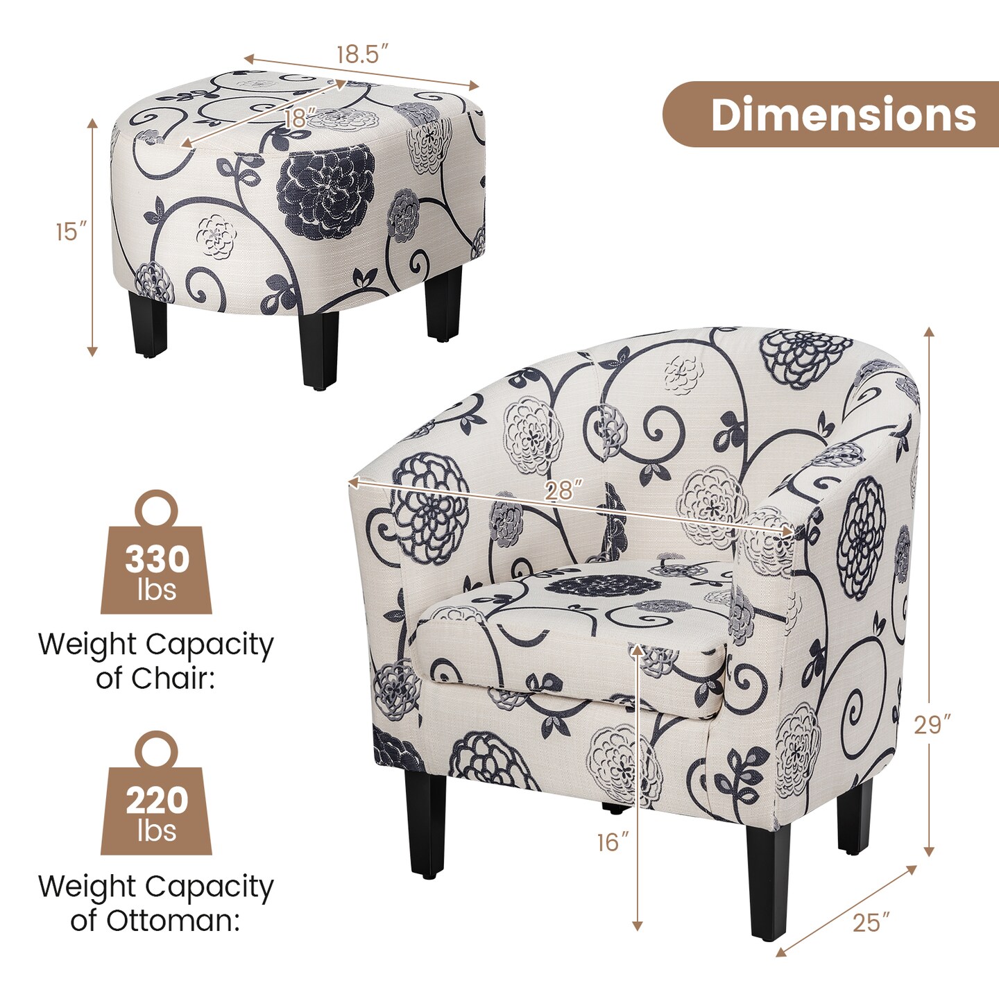 Modern Accent Tub Chair and Ottoman Set with Fabric Upholstered-Grey