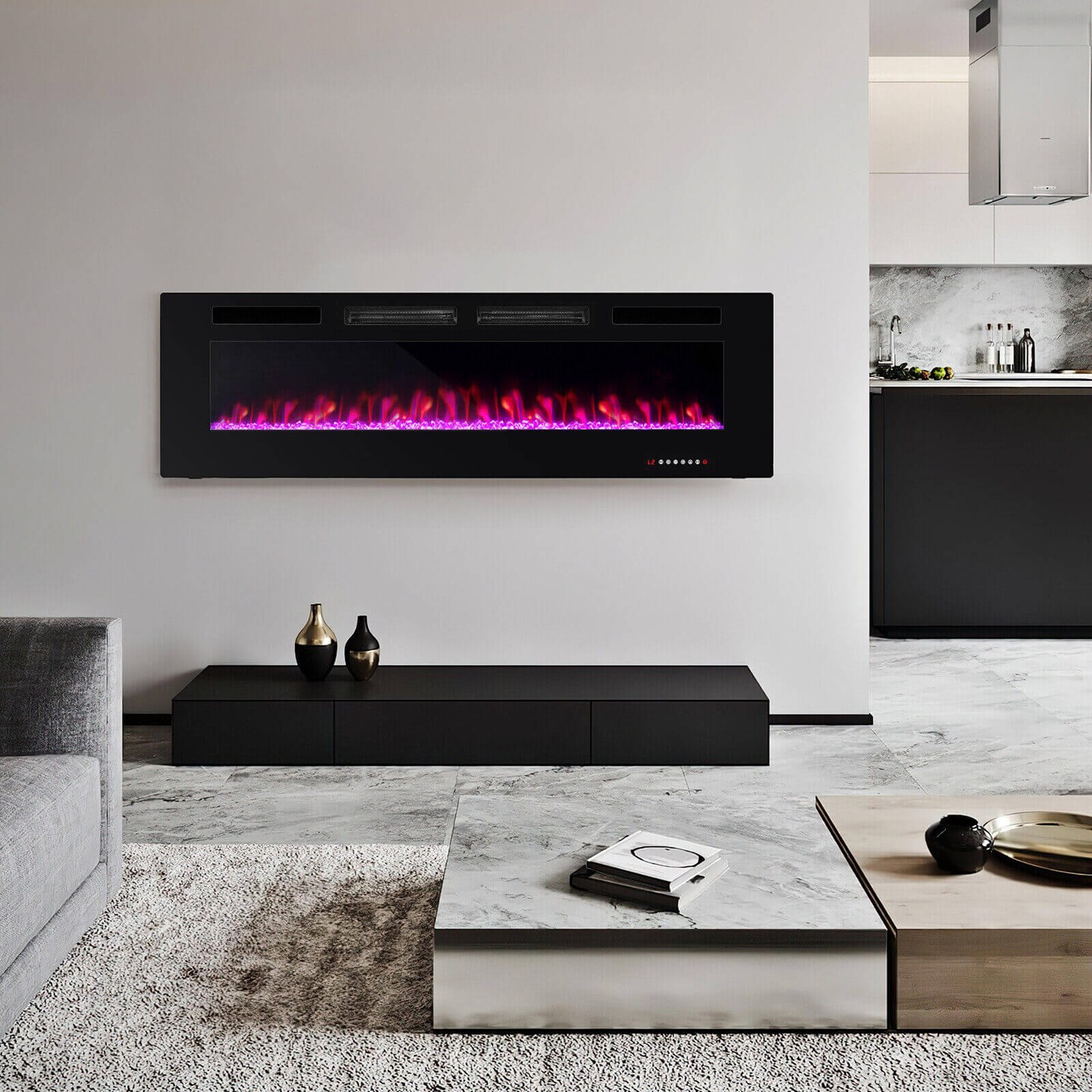 Ultra-Thin Electric Fireplace with Decorative Crystals and Smart APP Control
