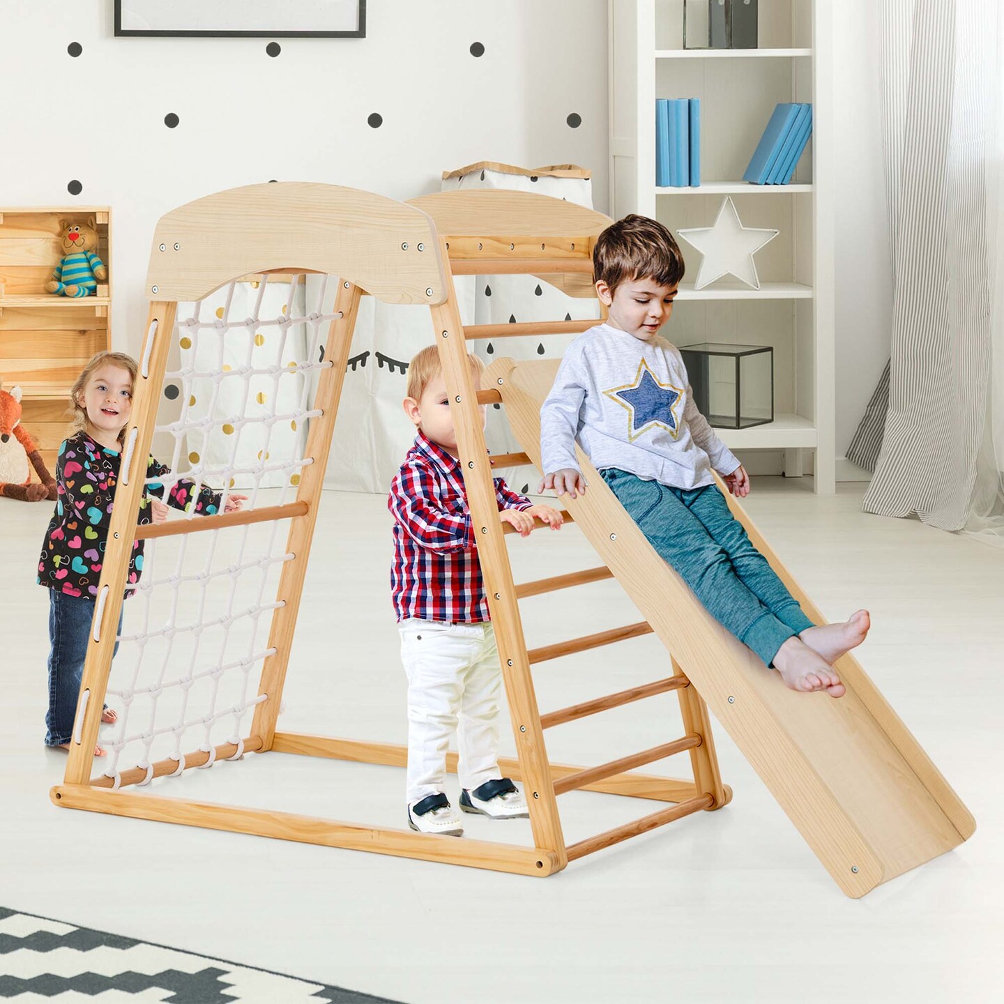 Costway 6-in-1 Wood Jungle Gym Montessori Climbing Play Set with Double-sided Ramp Colorful