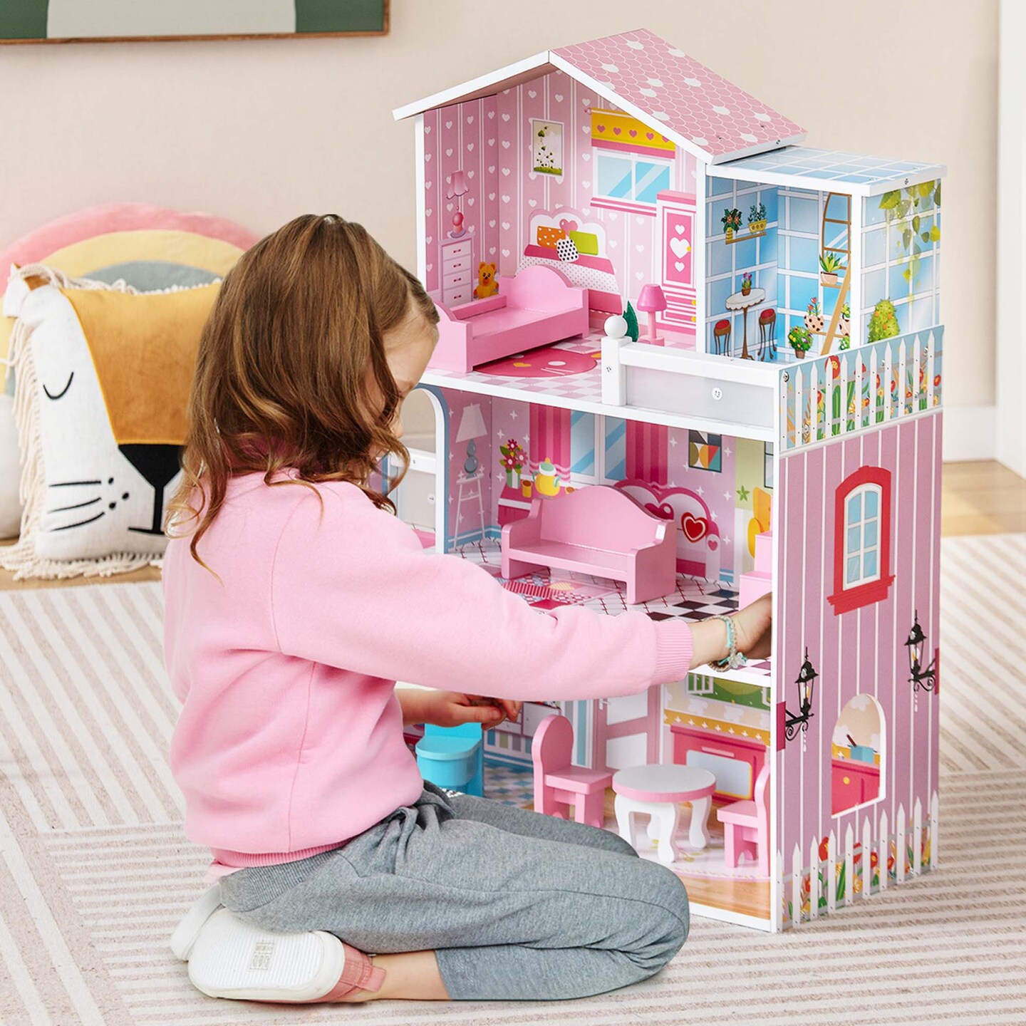 Costway Kids Wooden Dollhouse Playset with 5 Simulated Rooms &#x26; 10 Pieces of Furniture