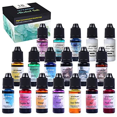 Alcohol Ink Set Epoxy Resin Dye- LET&#x27;S RESIN Vibrant Colors Alcohol Ink for Epoxy Resin, Concentrated Alcohol Based Resin Ink for Tumblers,Epoxy Resin Molds,Alcohol Inks Art (Each 0.35oz x 18 Bottle)