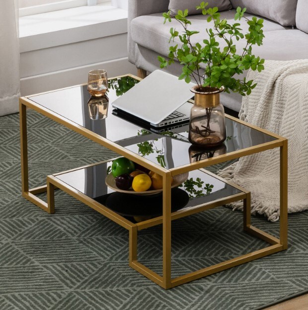 Modern Black Glass Top Coffee Table Rectangle End Side Table Gold Metal Frame