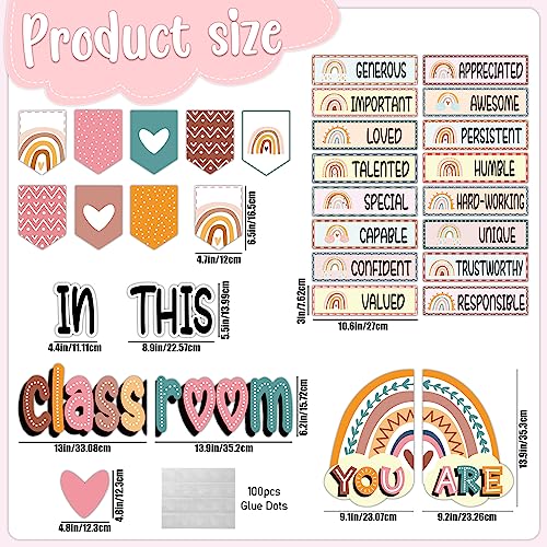 32pcs Classroom Bulletin Board Decorations Set - Boho Rainbow Motivational Words Cutouts Bulletin Decorations for Teachers School Classroom Bulletin Board