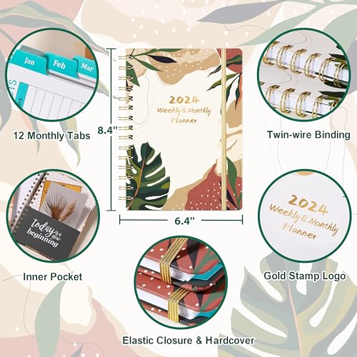 2024 Planner Weekly and Monthly, 2024 Calendar Planner, 6.4&#x27;&#x27; x 8.5&#x27;&#x27; Planner 2024 with Inner Pocket, Elastic Closure, Thick Paper, Jan. 2024 - Dec. 2024