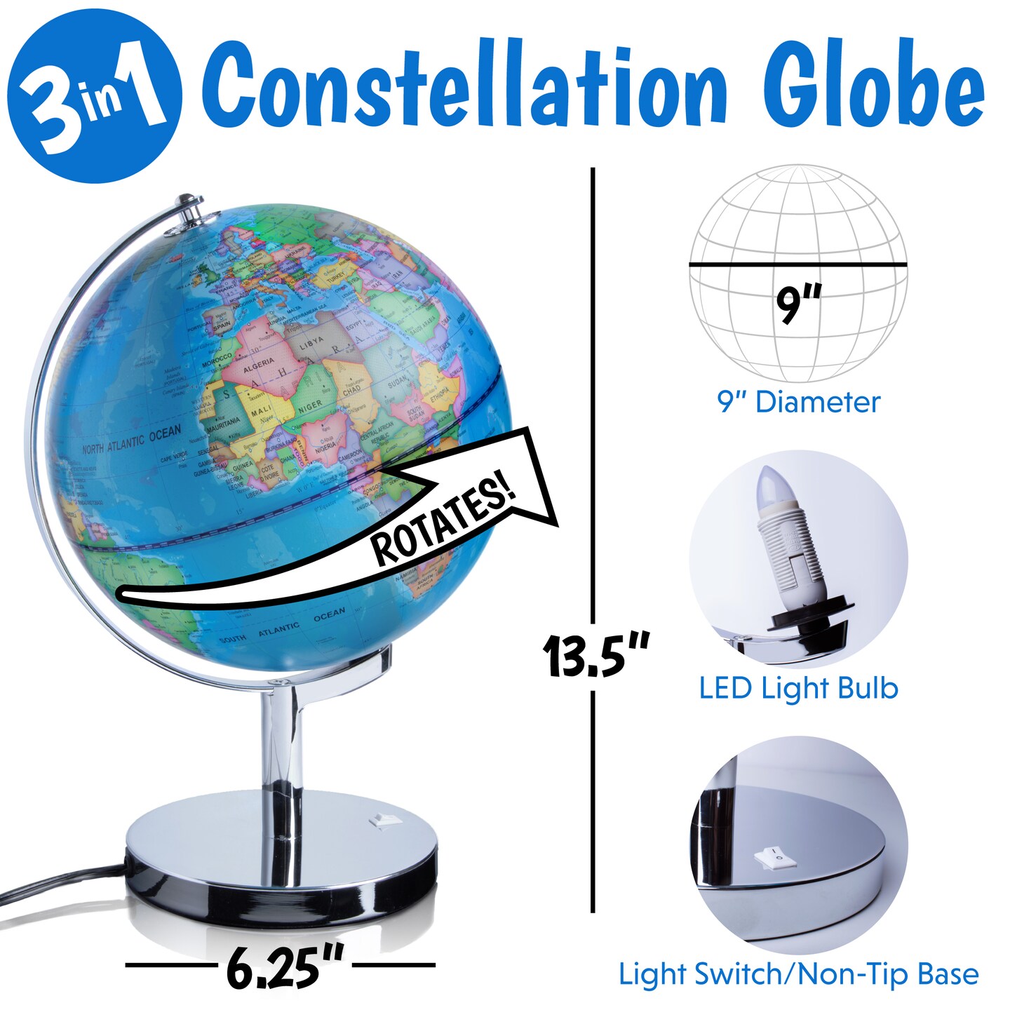USA Toyz Illuminated Globe for Kids Learning - 9&#x22; Diameter