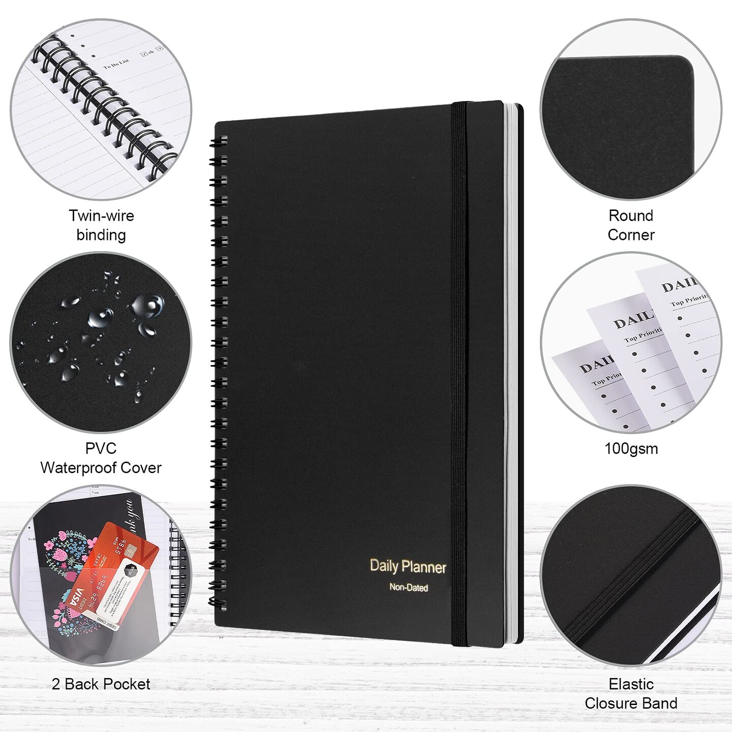 Daily Planner Undated, Asten To Do List Notebook Hourly Schedules Spiral Appointment Planner for Men and Women,PVC Hardcover,Elastic Closure, Inner Pocket 8.3&#x22; x 5.8&#x22; (Black)