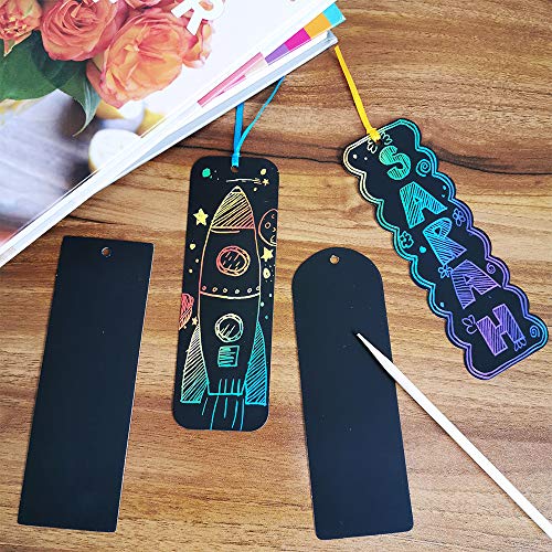 36 Pieces 4 Style Magic Scratch Rainbow Bookmarks Making Kit for Kids Students Party Favor Scratch Paper DIY Bookmarks Bulk with Scratching Tools Satin Ribbons for Classroom Activities