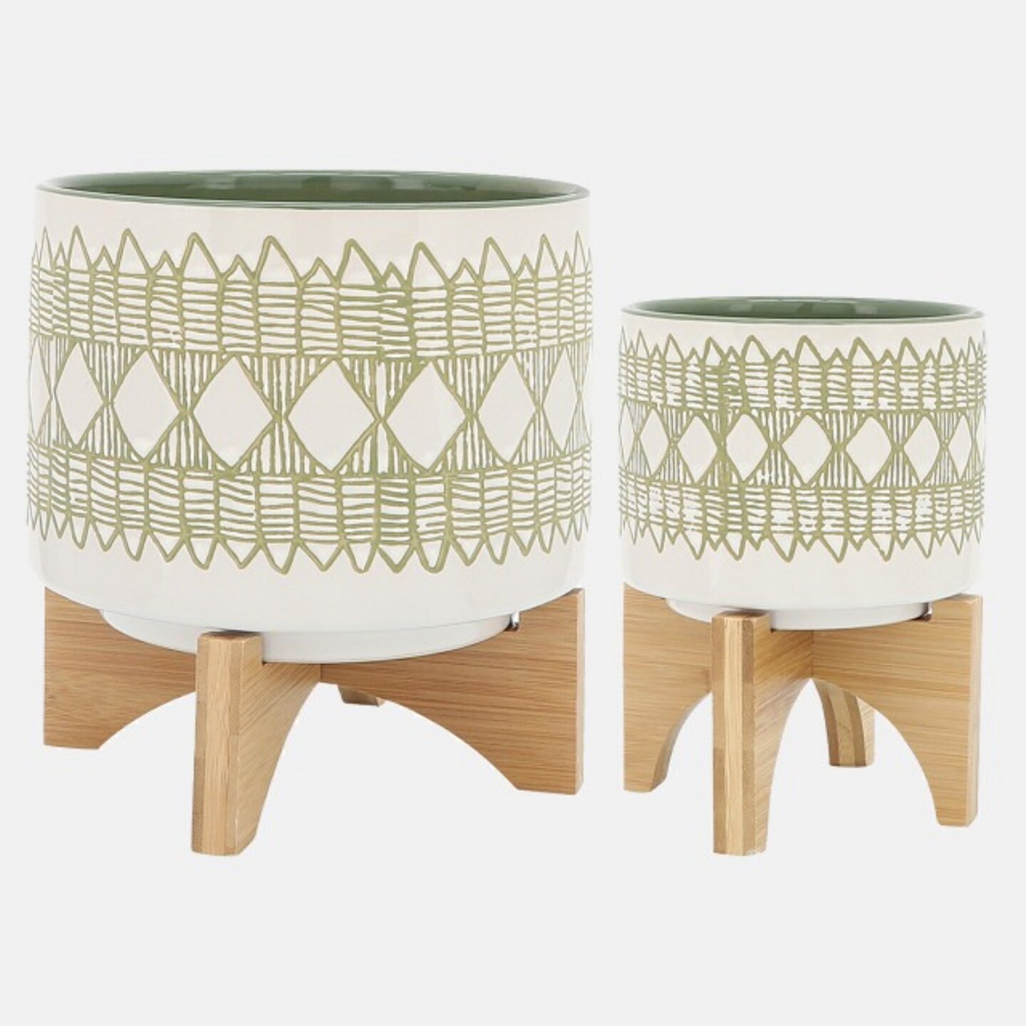 Kingston Living Aztec Ceramic Planters with Stand - 10.5&#x22; - Green and White - Set of 2