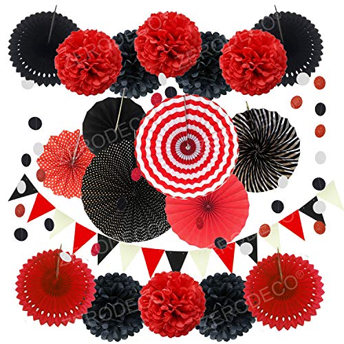 Party Decoration, 21 Pcs Black and Red Hanging Paper Fans Pom Poms Flowers, Garlands String Polka Dot and Triangle Bunting Flags for Minnie Mouse Birthday Parties Baby Showers Wedding