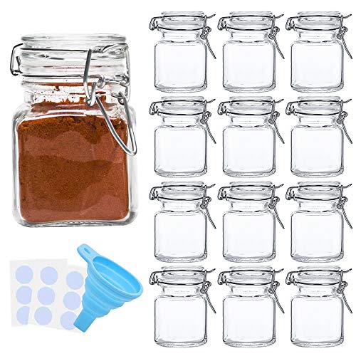 Spice Jars, SPANLA 12 Pack 4oz Small Glass Jars with Airtight Hinged Lid,  With 12 Spice Labels & Silicone Funnels, Airtight Glass Jars for Spices,  Art Craft Storage (12 Pack)