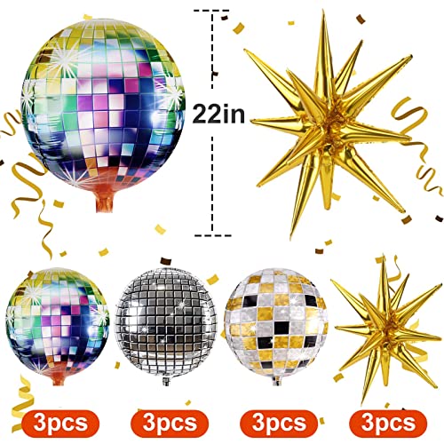 12 Pcs Disco Ball Balloons, Huge Gold Explosion Star Aluminum Foil Balloons for Birthday, Bachelorette Party, 70s 80s 90s Theme Disco Party Decorations Supplies