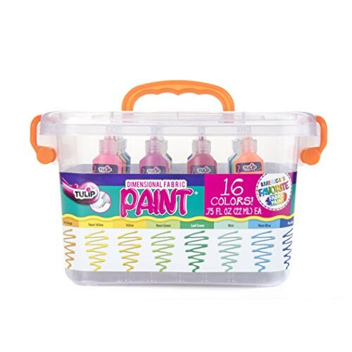 Dimensional Fabric Paint Big Box - Creative Party Kit with Reusable Plastic Bin, Permanent 3D Paint for Fashion DIYs, Rock Painting, Arts & Crafts, Rainbow Colors, 16-Pack