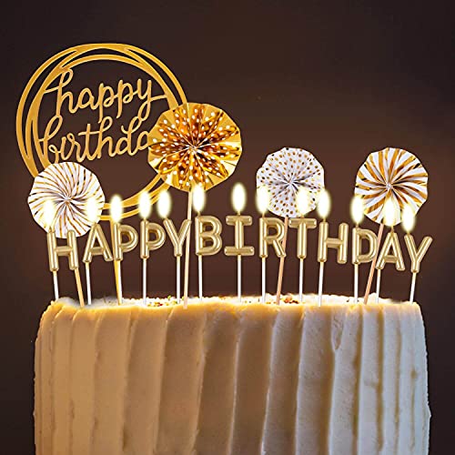 Birthday Candles Set - Cake Topper Decoration with Cake Candles Confetti Balloon Stars and Fan Cupcake Toppers 12 Pieces Birthday Cake Decor for Birthday Party Celebration (Gold)