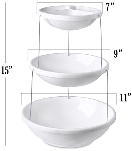 Collapsible Bowl, 3 Tier, The Decorative Plastic Bowls Twist Down & Fold Inside, Minimal Storage Space, Perfect for Serving Snacks, Salad and Fruit, The Top Bowl is Divided into Three Sections