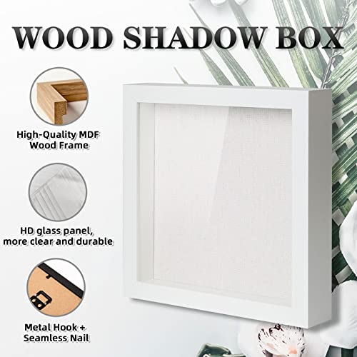 Muzilife Shadow Box Picture Frame with Linen Board Deep Wood Glass Display Case Ready to Hang Memory Box Baby Sports Memorabilia, Pins, Awards, Medals, Wedding, Tickets and Photos (White, 2pcs 8X8)