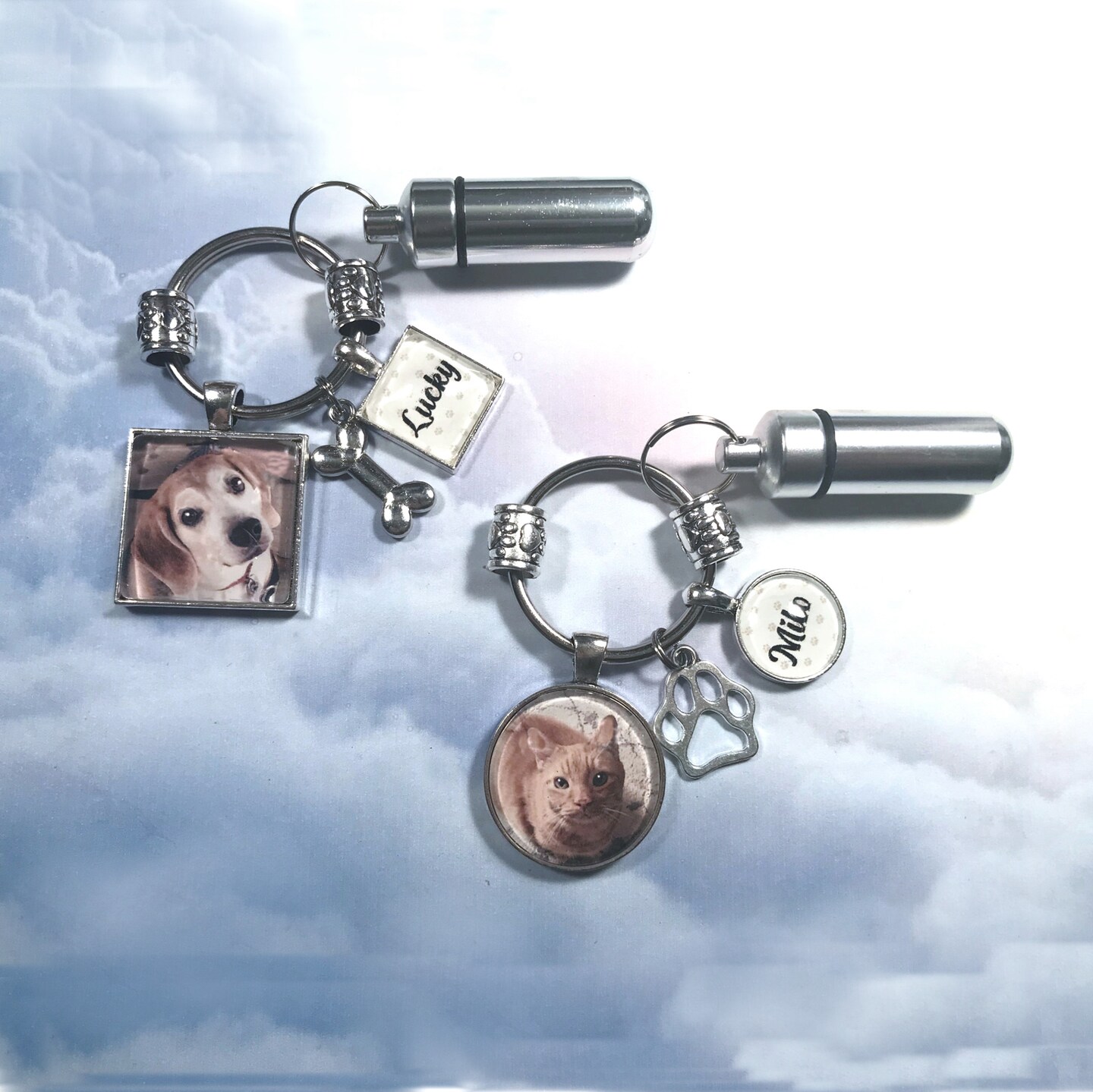 product name is Pet Cremation Urn Key Ring Personalized with Photo and Name Charm