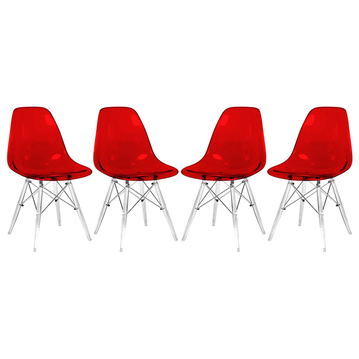 Leisuremod Dover Molded Side Chair with Acrylic Base, Set of 4 - Transparent Red