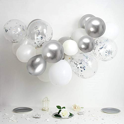 50 Pack 12 Inch White and Silver Confetti Latex Balloons - Silver Metallic Chrome Party Balloons with Silver Ribbon for Wedding, Birthday, and Baby Shower Decorations
