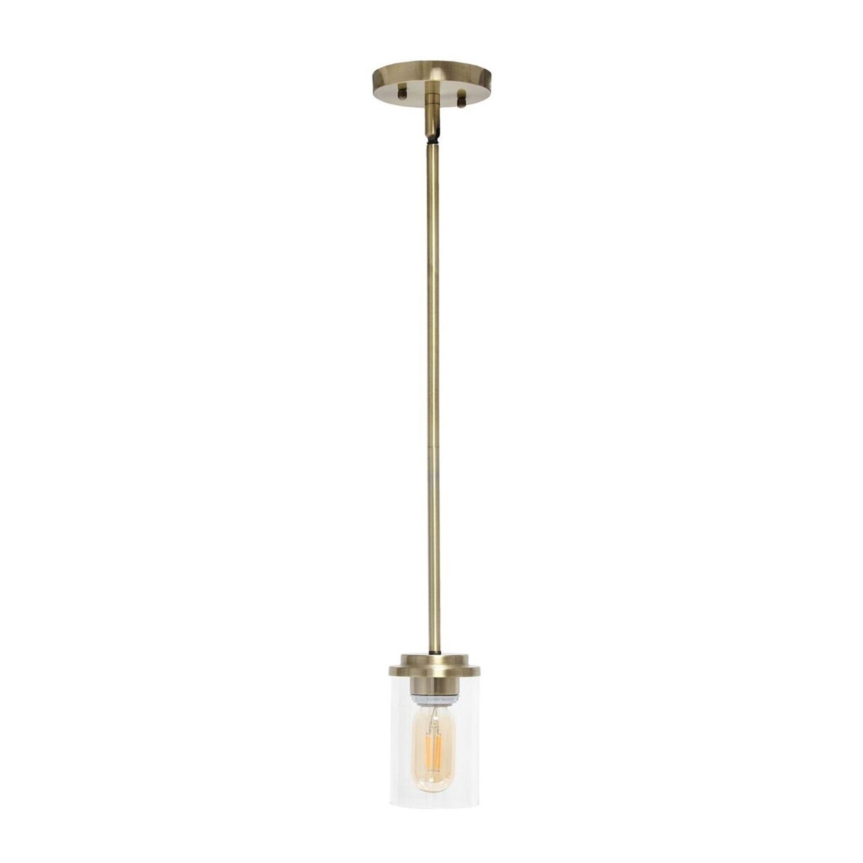 Lalia Home 1-Light 5.75&#x22; Minimalist Industrial Farmhouse Adjustable Hanging Clear Cylinder Glass Pendant Fixture, Antique Brass