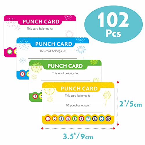 102 PCS Punch Cards, Incentive Reward Card Student Awards Loyalty Cards for Business, Classroom, Kids Behavior, Students, Teachers, 3.5” x 2”, 4 Styles