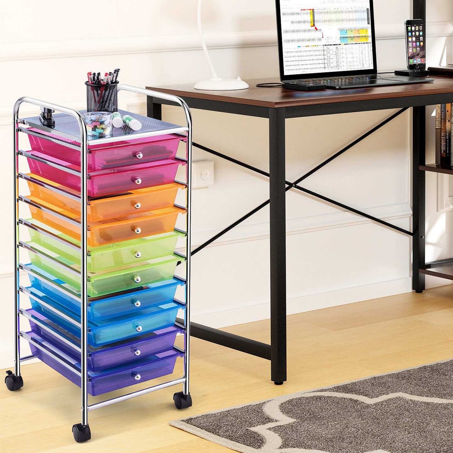 Costway 10 Drawer Rolling Storage Cart Scrapbook Paper Office School Organizer Color