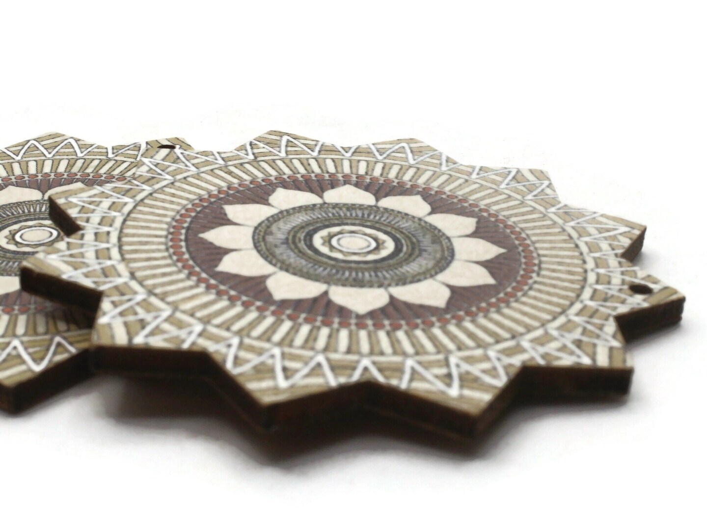 2 61mm White and Brown Printed Wood Flat Flower Pendants