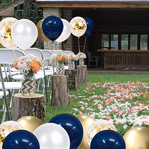 Navy Blue and Gold Confetti Balloons, 50 pcs 12 inch Pearl White and Gold Metallic Chrome Birthday Balloons for Celebration Graduation Party Balloons