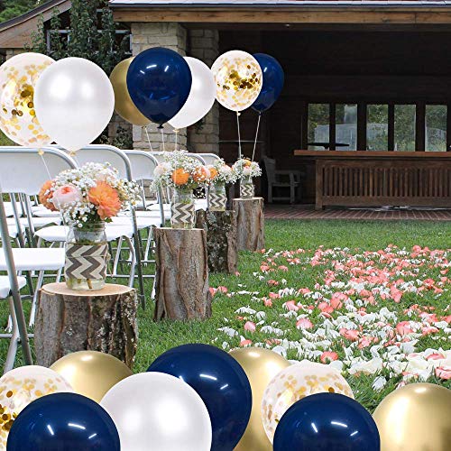 50 pcs 12 Inch Navy Blue and Gold Confetti Balloons - Pearl White and Gold Metallic Chrome Balloons for Birthday, Celebration, and Graduation Party