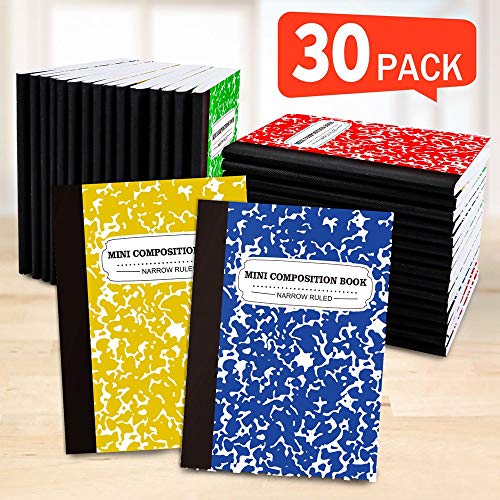 Mini Composition Notebook 30-Pack 5 Colors Narrow Ruled Bulk Small Pocket Marble Cute Journal Notebooks for Kids School Home Office Pocket Sized 4.5 x 3.25 Inches