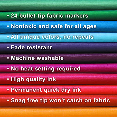 Fabric Markers Pack - 24 Non-Toxic Pens in Individual Colors (No Duplicates), Bullet Tip, Machine Washable Paint, Ideal for Writing on Clothes, Jeans, Pants, and Shirts