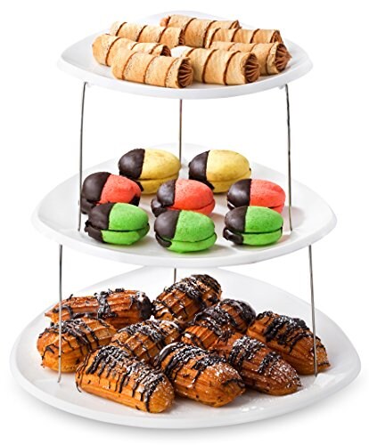 Collapsible Party Tray, 3 Tier, The Decorative Plastic Appetizer Trays Twist Down &#x26; Fold Inside, Minimal Storage Space, An Elegant Tray for Serving Sandwiches, Cake, Sliced Cheese and Deli Meat