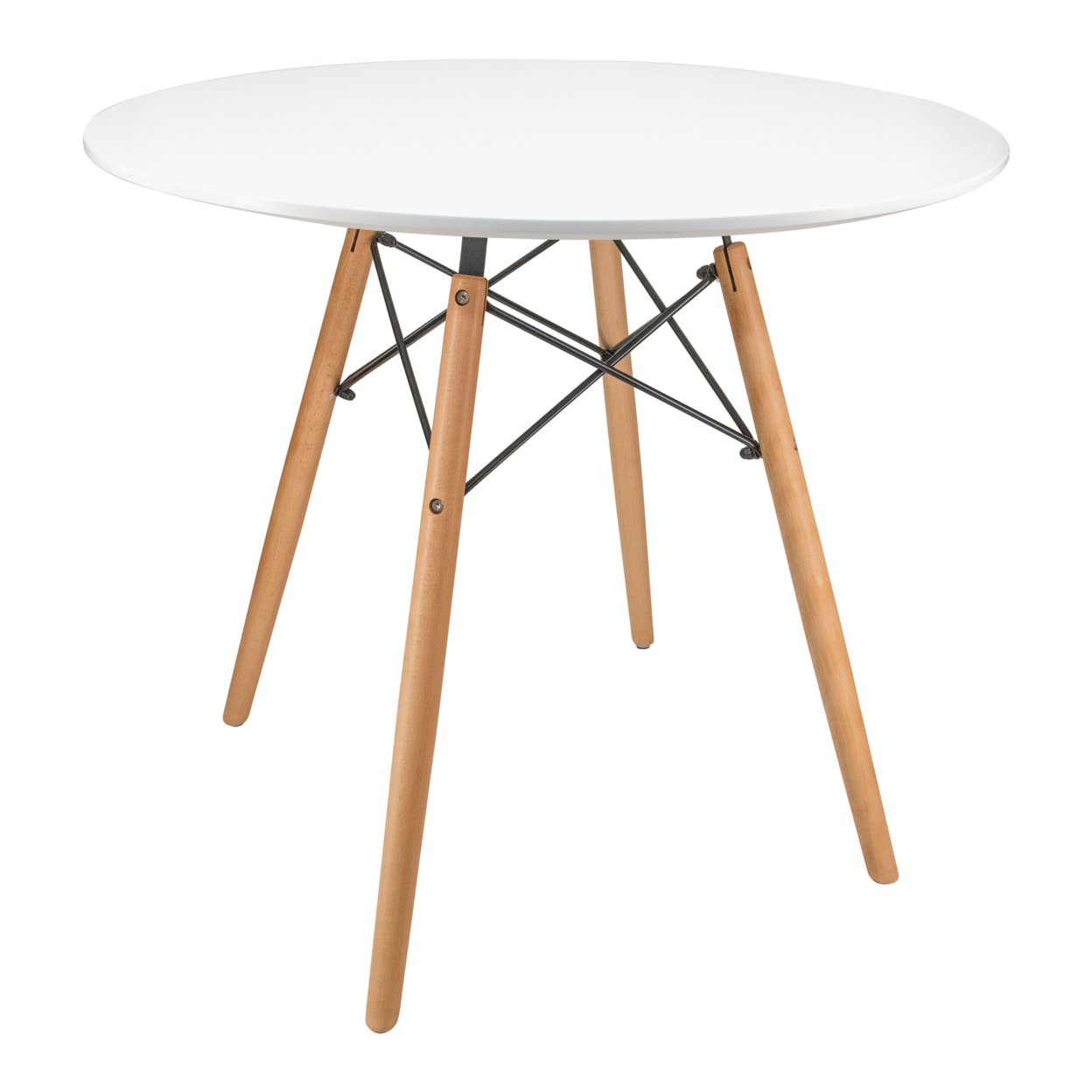 Leisuremod Dover Round Bistro Wood Top Dining Table With Natural Wood Eiffel Base - White
