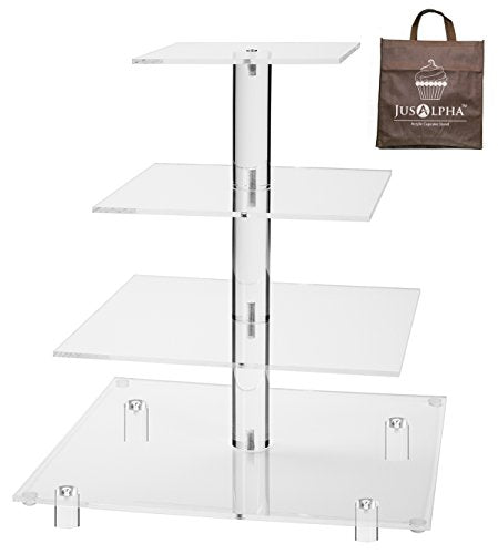 Large 4 Tier Square Acrylic Cupcake Tower Stand for Dessert, Pastry, Serving Platter-Candy Bar Party Décor and Supply(with Rod Feet) (4SF-V2)