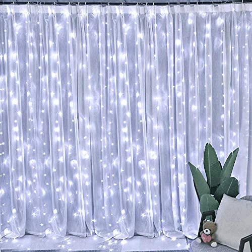 Curtain String Lights - 300 LED, 9.8ft x 9.8ft, 8 Lighting Modes, USB Powered, Waterproof Fairy Lights for Christmas, Parties, Weddings, and Indoor/Outdoor Wall Decorations (White)