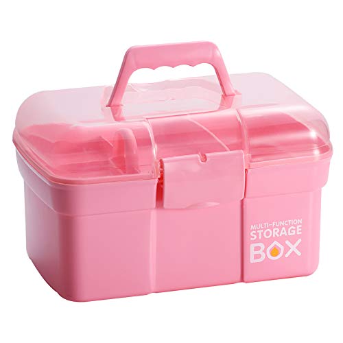 11'' Plastic Storage Box with Removable Tray, Multipurpose Organizer and Storage Case for Art Craft and Cosmetic (Pink)